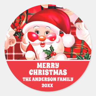Red Vintage Santa Claus Tartan Plaid Christmas Classic Round Sticker