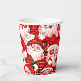 Red Vintage Santa Claus Tartan Plaid Christmas Paper Cups