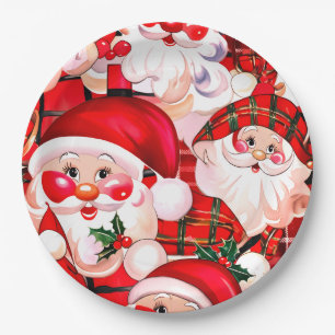 Red Vintage Santa Claus Tartan Plaid Christmas Paper Plate