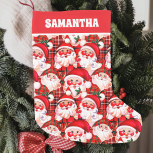 Red Vintage Santa Claus Tartan Plaid Personalised  Small Christmas Stocking