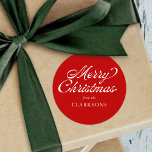 Red Vintage Script Modern Merry Christmas Classic Round Sticker<br><div class="desc">Red Vintage Script Modern Merry Christmas Classic Round Sticker is the perfect addition to your Christmas gifts this year,  with vintage styled script and your name.</div>