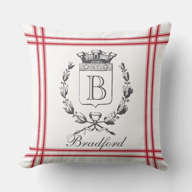 Red Vintage Style French Personalised Monogram Cushion (Front)