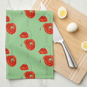 Red Vintage Style Poppies Flower Kitchen Towel
