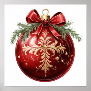 Red Vintage Style Watercolor Christmas Ornament Poster