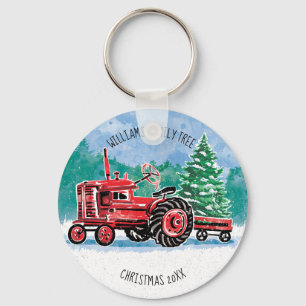 Red Vintage Tractor Christmas Tree Add Name Key Ring