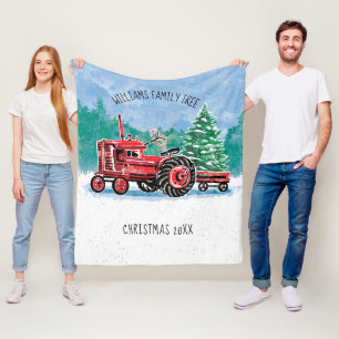 Red Vintage Tractor w/ Christmas Tree Add Name Fleece Blanket