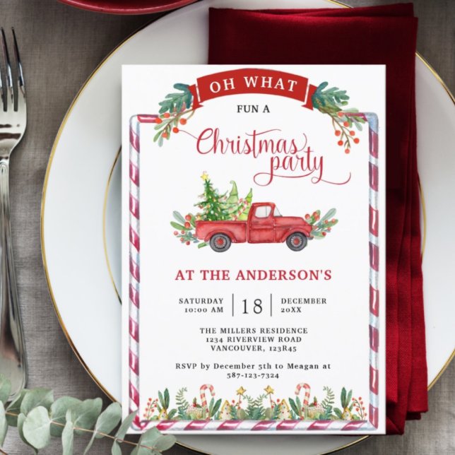 Red Vintage Truck and Greenery Christmas Party Invitation (Creator Uploaded)