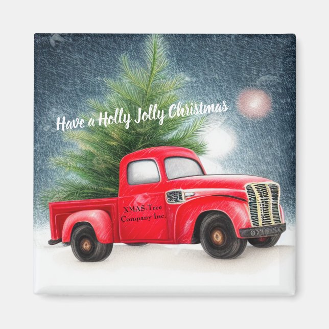 Red vintage truck and tree custom holiday  magnet (Front)