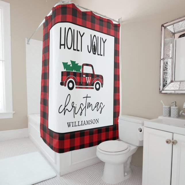 Red Vintage Truck Buffalo Plaid Personalised  Shower Curtain (In Situ)