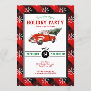 Red Vintage Truck Christmas Plaid Holiday Party Invitation
