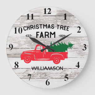 Red Vintage Truck  Christmas Tree Family Name Large Clock
