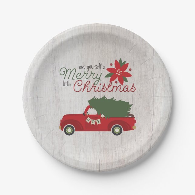 Red Vintage Truck & Christmas Tree Paper Plate (Front)