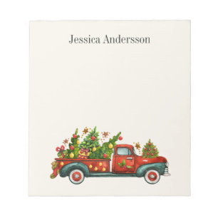 Red Vintage Truck Christmas Trees Holiday Name Notepad