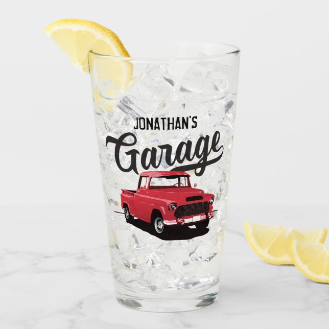 Red Vintage Truck Name Custom Glass Tumbler (Front Ice)