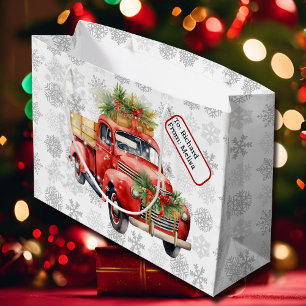 Red Vintage Truck Name Tag Christmas Snow Large Gift Bag