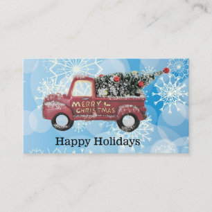 red vintage truck on a blue snowflake background business card