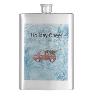 red vintage truck on a blue snowflake background hip flask