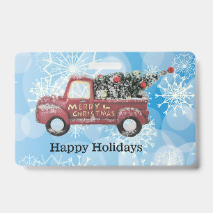 red vintage truck on a blue snowflake background ID badge