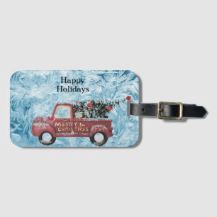 red vintage truck on a blue snowflake background   luggage tag