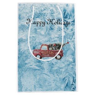 red vintage truck on a blue snowflake background medium gift bag