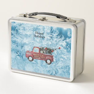 red vintage truck on a blue snowflake background   metal lunch box