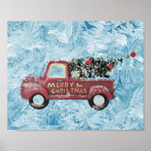 red vintage truck on a blue snowflake background poster
