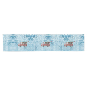 red vintage truck on a blue snowflake background short table runner