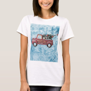 red vintage truck on a blue snowflake background   T-Shirt