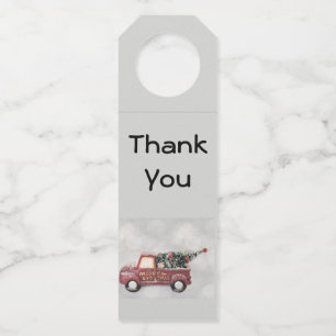 red vintage truck on a grey bokeh background bottle tag