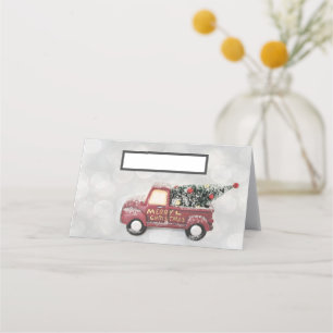 red vintage truck on a grey bokeh background place card