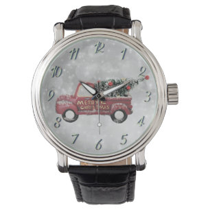 red vintage truck on a grey bokeh background watch
