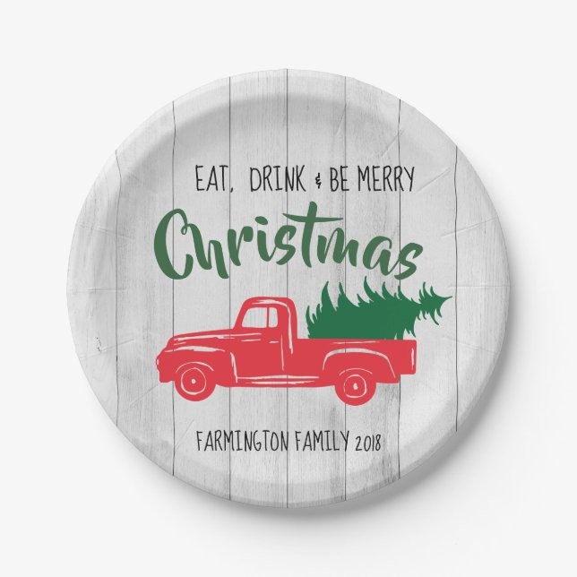 Red Vintage Truck Rustic  Christmas Paper Plate (Front)