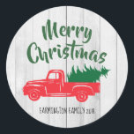 Red Vintage Truck Rustic Christmas Sticker<br><div class="desc">Add a vintage, rustic touch to your Christmas correspondence this year with this coordinating Vintage Red Truck - carrying a freshly cut Christmas Tree on a rustic white farmhouse style white wood background. Easily personalize with your your name, family name, or business name. Add a festive touch to any correspondence...</div>