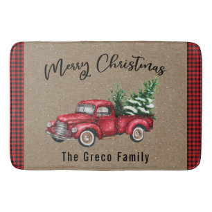 Red Vintage Truck with Christmas Tree Bath Mat