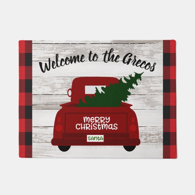 Red Vintage Truck with Christmas Tree Welcome Mat (Front)