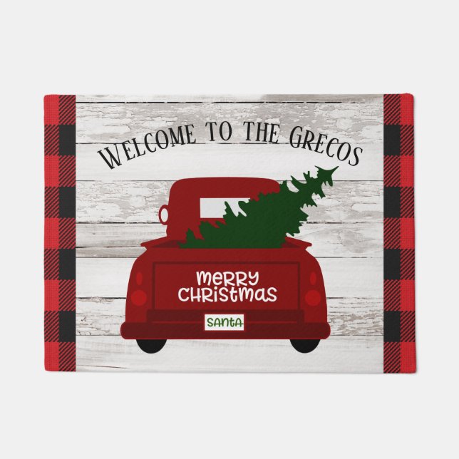Red Vintage Truck with Christmas Tree Welcome Mat (Front)