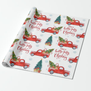 Red Vintage Truck With Christmas Trees Ornaments Wrapping Paper