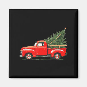 Red Vintage Truck With Tree Retro Christmas Style Magnet