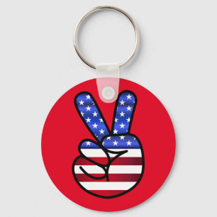 Red Vintage USA Flag Peace Sign Key Ring