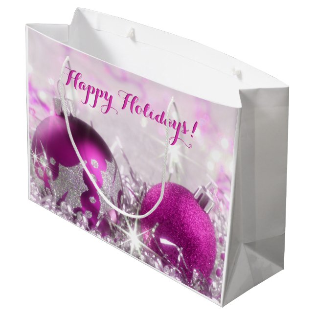 Red-Violet And Silver Christmas Baubles Gift Bag (Back Angled)