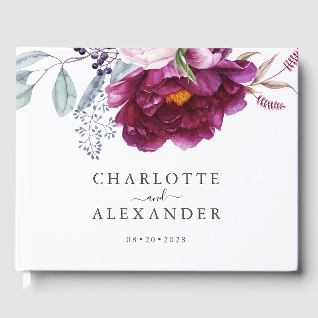 Red Violet Floral Botanical Wedding  Guest Book (Front)