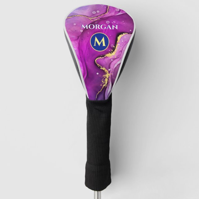 Red-Violet & Gold Liquid Ink, Monogram & Name Golf Head Cover (Front)