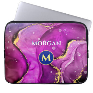 Red-Violet & Gold Liquid Ink, Monogram & Name Laptop Sleeve