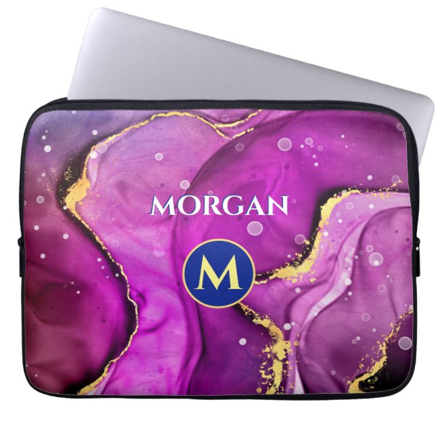 Red-Violet & Gold Liquid Ink, Monogram & Name Laptop Sleeve (Front)