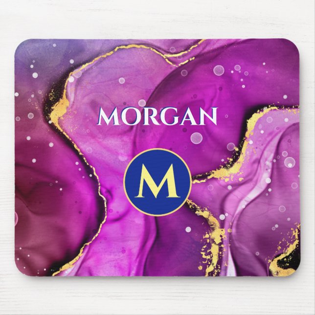 Red-Violet & Gold Liquid Ink, Monogram & Name Mouse Mat (Front)