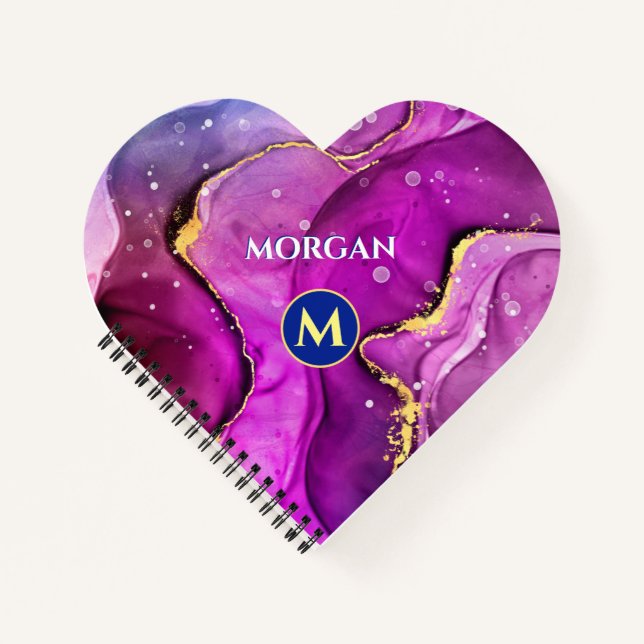 Red-Violet & Gold Liquid Ink, Monogram & Name Notebook (Front)