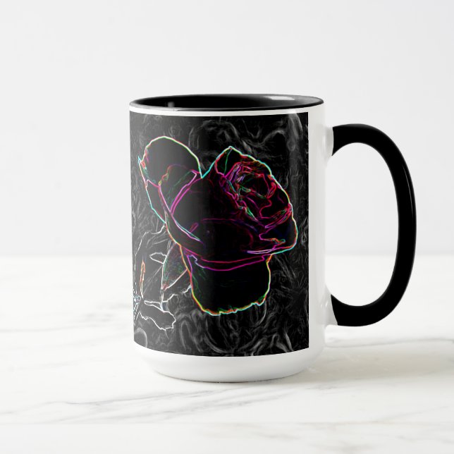 Red & Violet Neon Roses Holding Hands on Black BG Mug (Right)