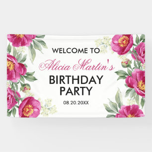 Red Violet Peony Floral Greenery Birthday Welcome Banner