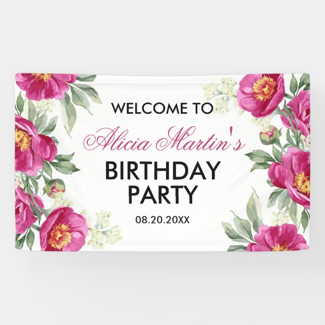 Red Violet Peony Floral Greenery Birthday Welcome Banner (Horizontal)