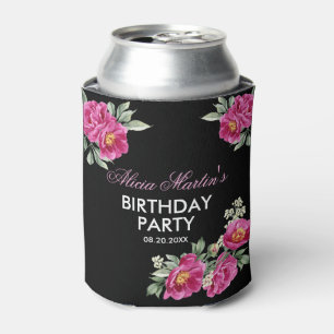 Red Violet Peony Floral Greenery Black Birthday Can Cooler